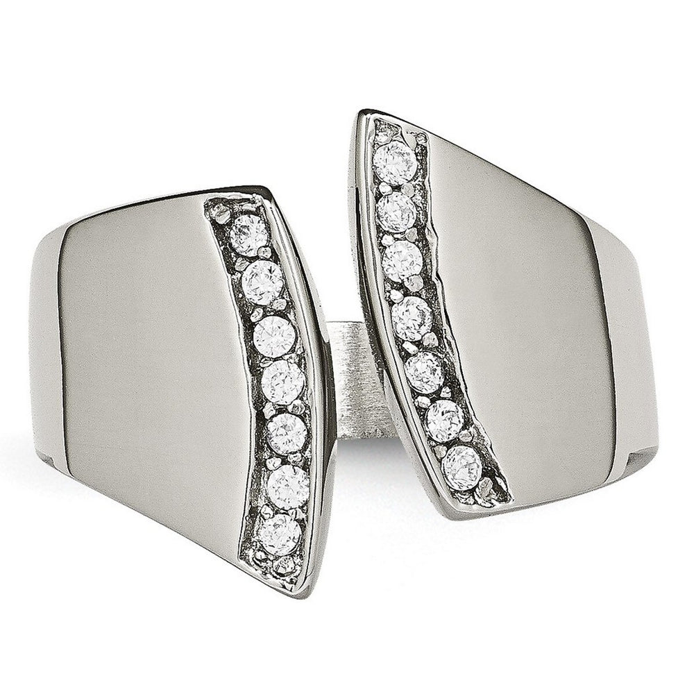 Curata Stainless Steel Polished Cubic Zirconia Modern Cuff Ring