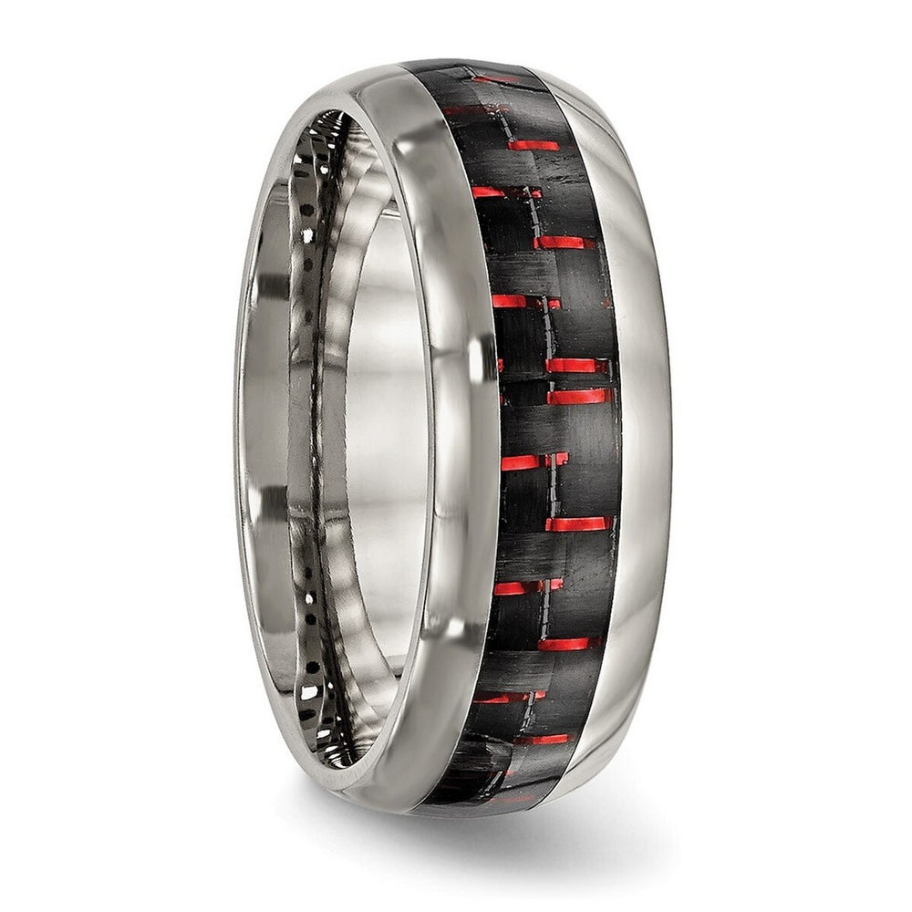 Curata Titanium Mens Polished 8mm Black/Red Carbon Fiber Inlay Wedding Ring