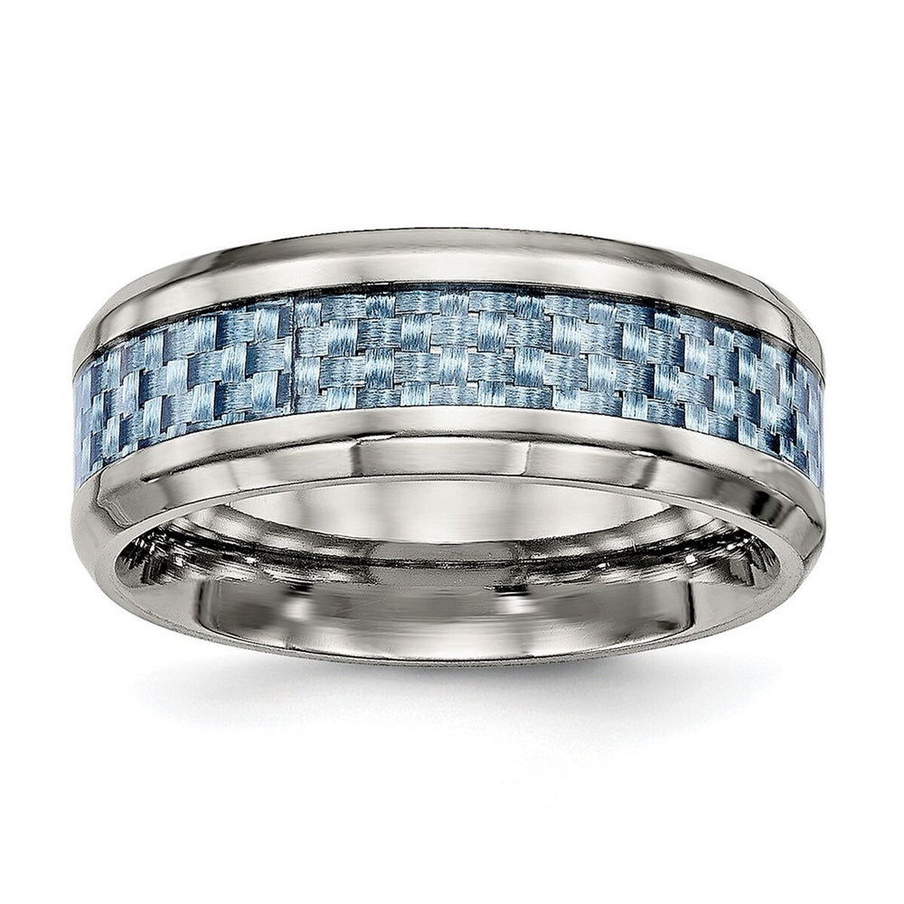 Curata Titanium Mens Polished 8mm Blue Carbon Fiber Inlay Wedding Ring