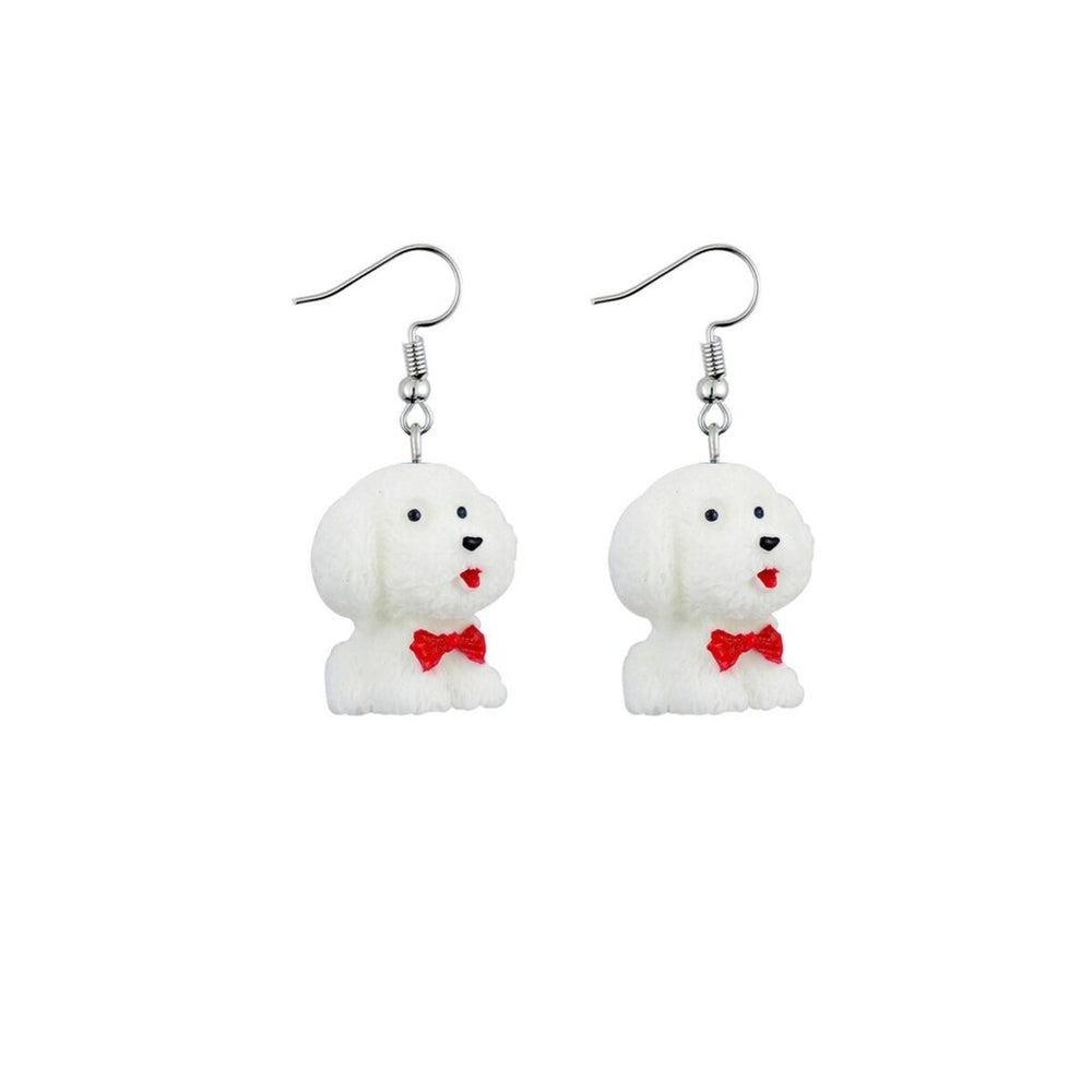 Cute Clay White Dog Earring With Red Bowtie