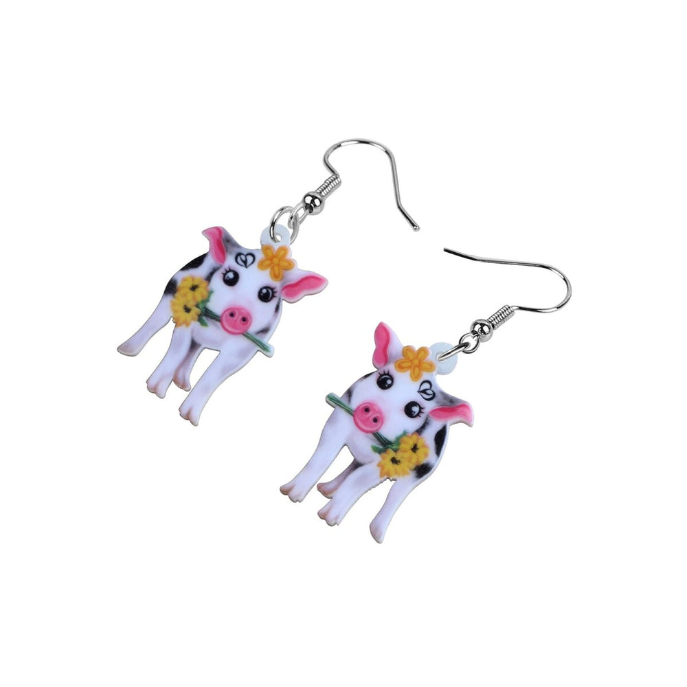 Cute Pig With Yellow Flowers Drop Earrings