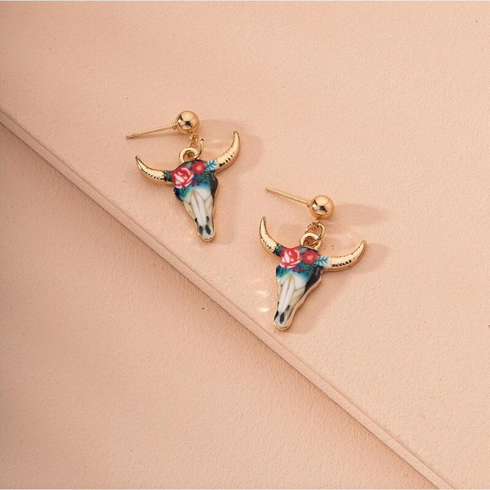 Dainty Goldtone White Floral Longhorn Skull Boho Drop Earrings