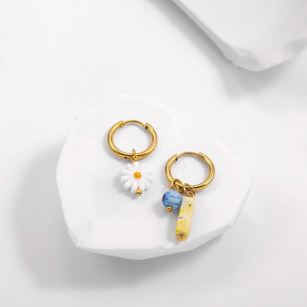 Daisy, Yellow Blue Asymmetrical Huggie Hoop Earrings