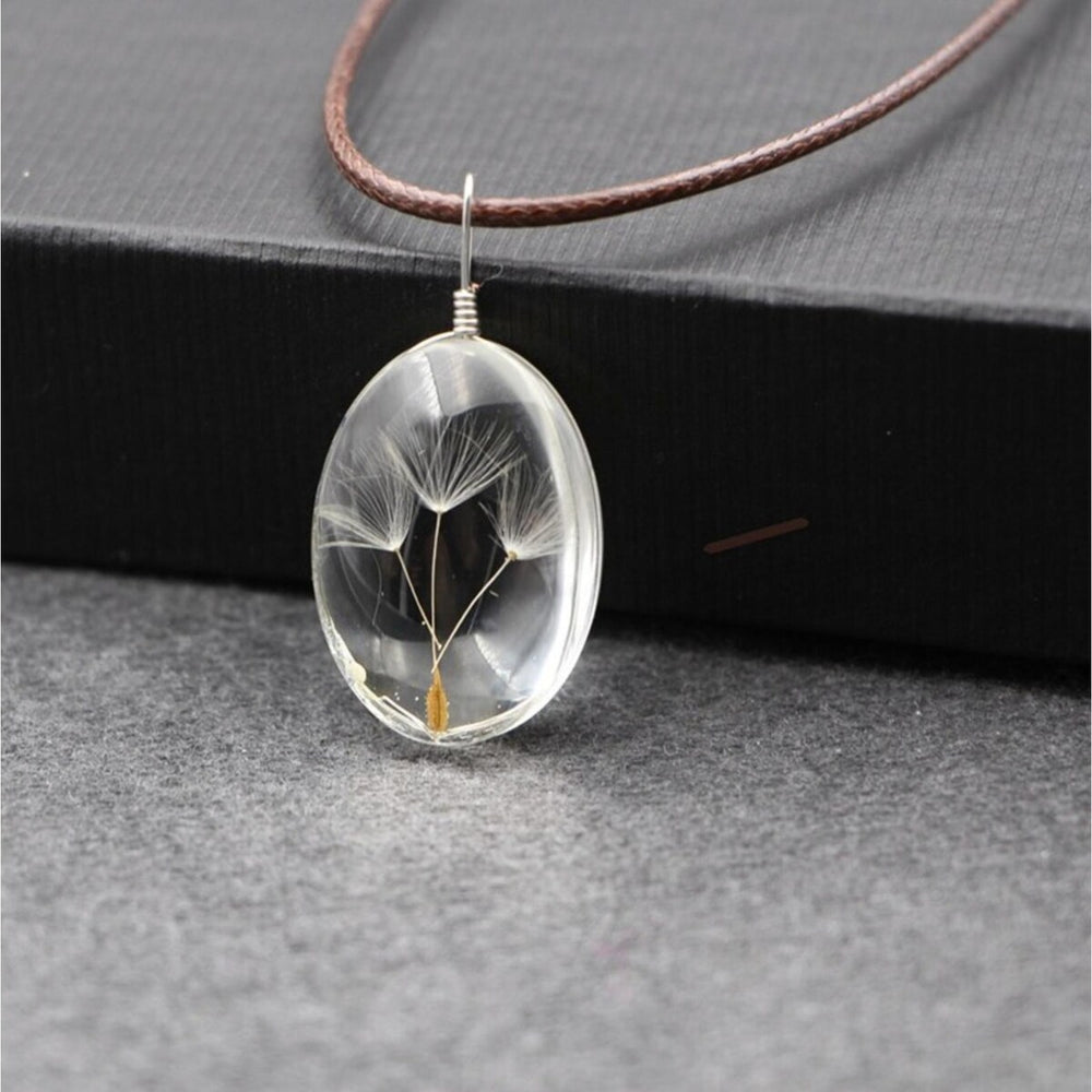 Dandelion In Clear Oval Pendant Necklace - White