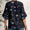 Dark Blue Floral Leaf Print Round Neck Tulip-Sleeve Top