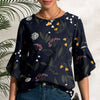 Dark Blue Floral Leaf Print Round Neck Tulip-Sleeve Top