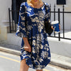 Dark Blue Floral Print Round Neck Three-Quarter Sleeve Dress