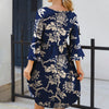 Dark Blue Floral Print Round Neck Three-Quarter Sleeve Dress