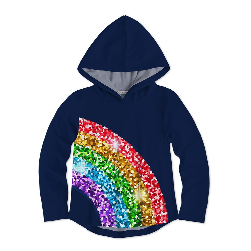 Dark Blue Glitter Rainbow Print Hooded Top