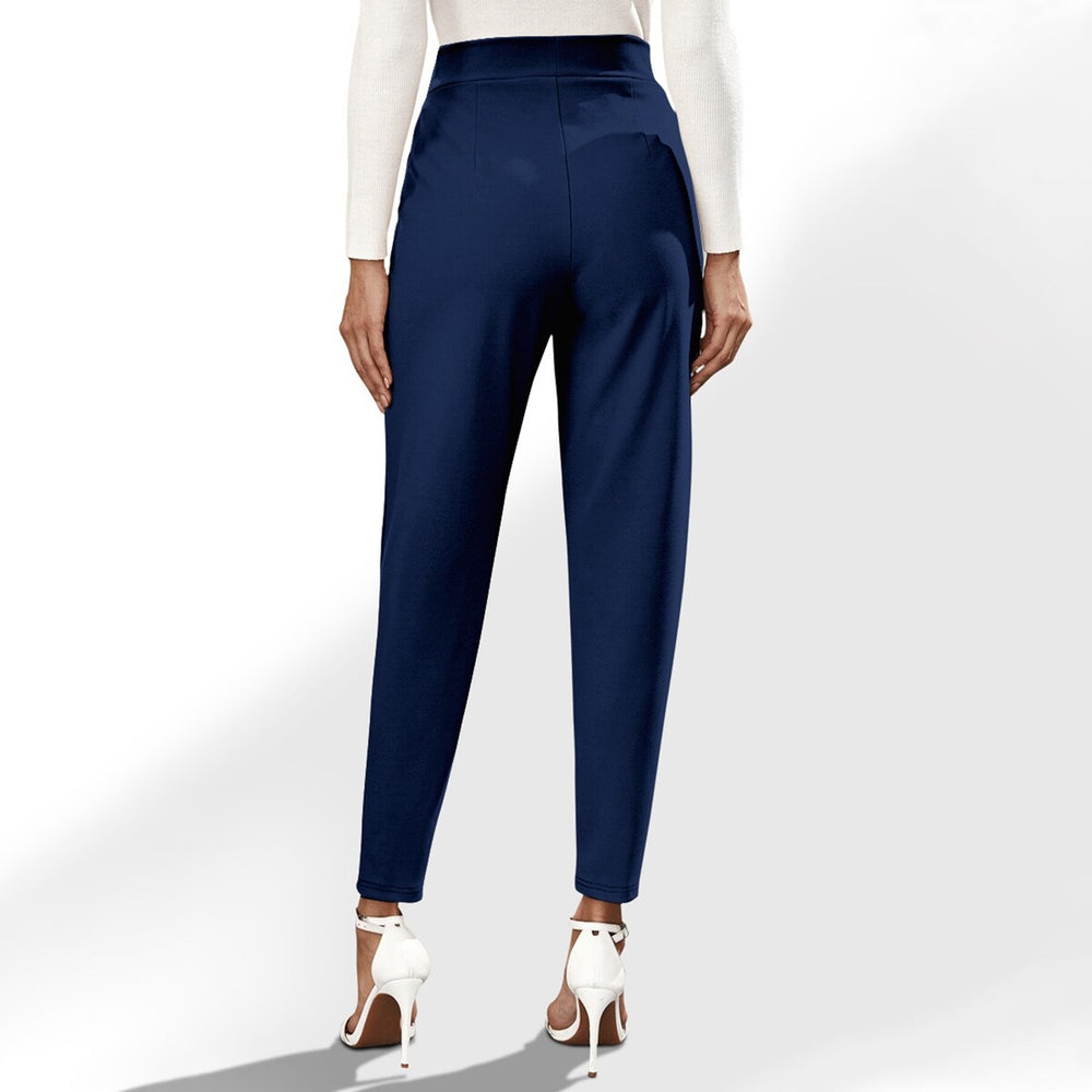 Dark Blue Pocketed High Waist Straight Pants