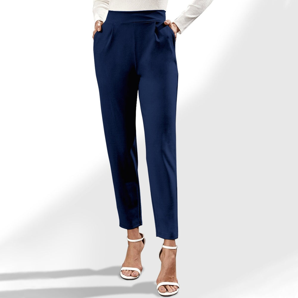 Dark Blue Pocketed High Waist Straight Pants