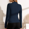 Dark Blue Ruched Mock Neck Long Sleeve T-Shirt