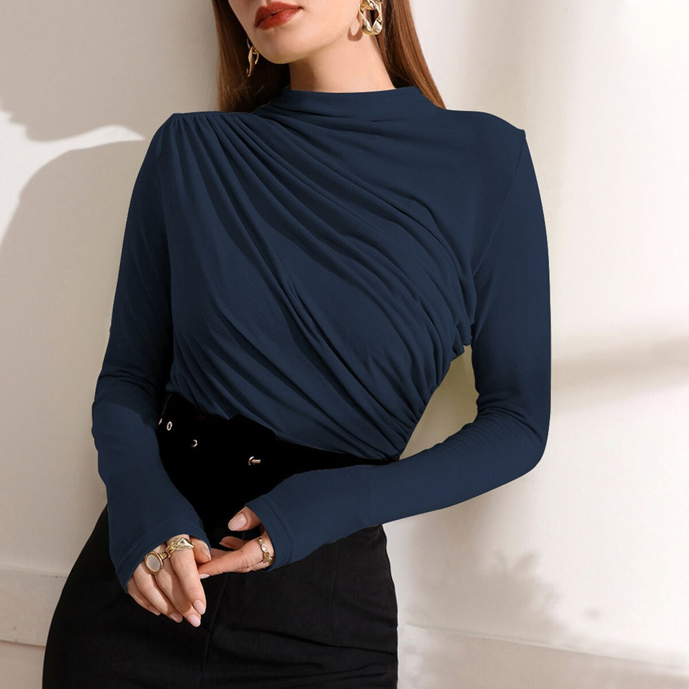 Dark Blue Ruched Mock Neck Long Sleeve T-Shirt