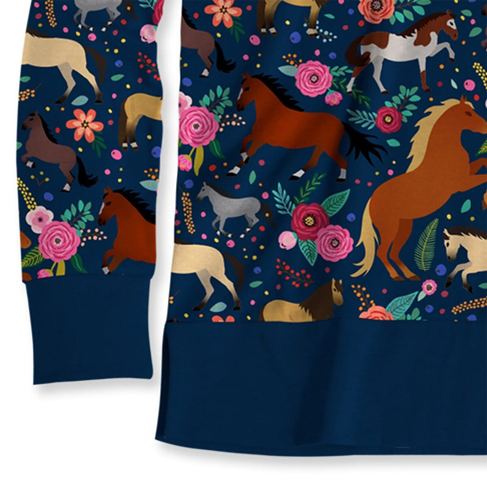 Dark Blue & Pink Floral Horse Print Long Sleeve Top