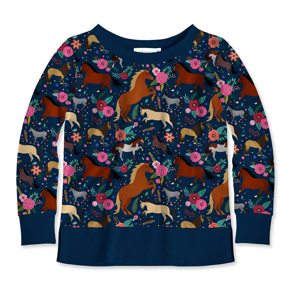 Dark Blue & Pink Floral Horse Print Long Sleeve Top