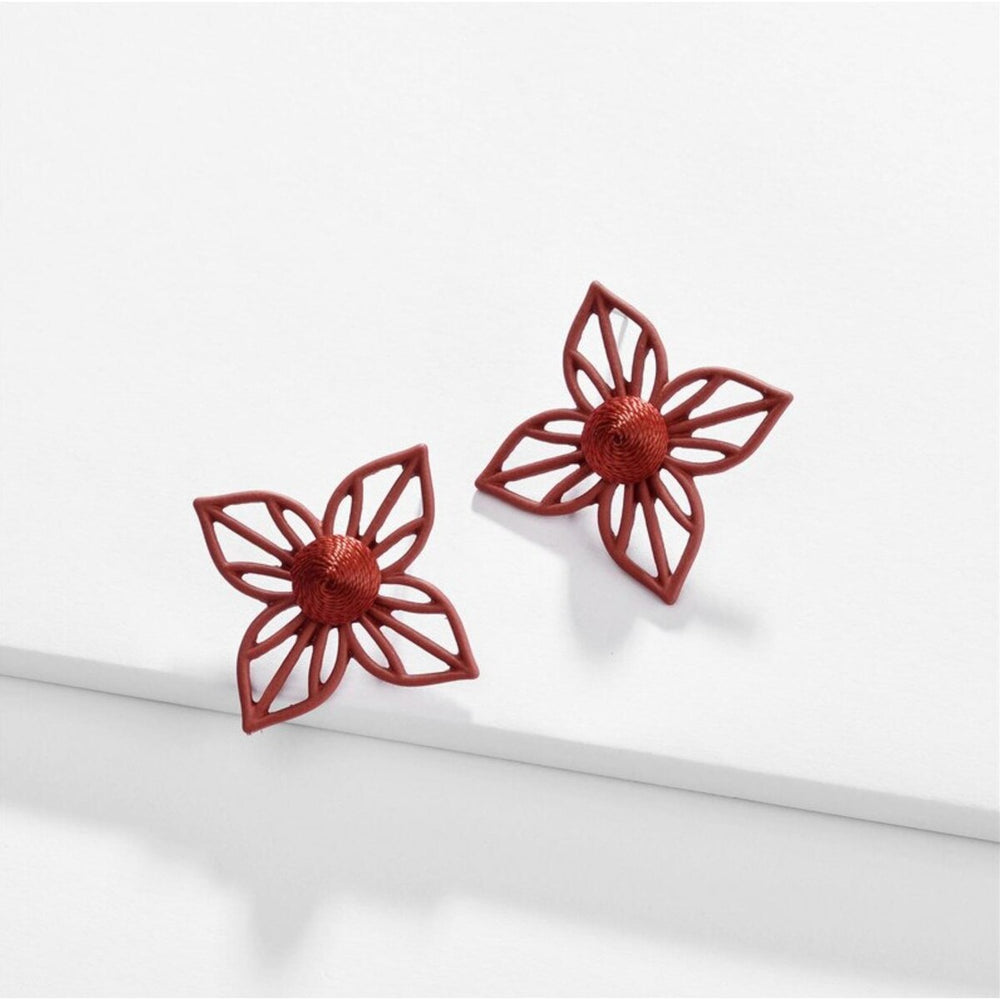 Deep Red Floral Stud Earrings