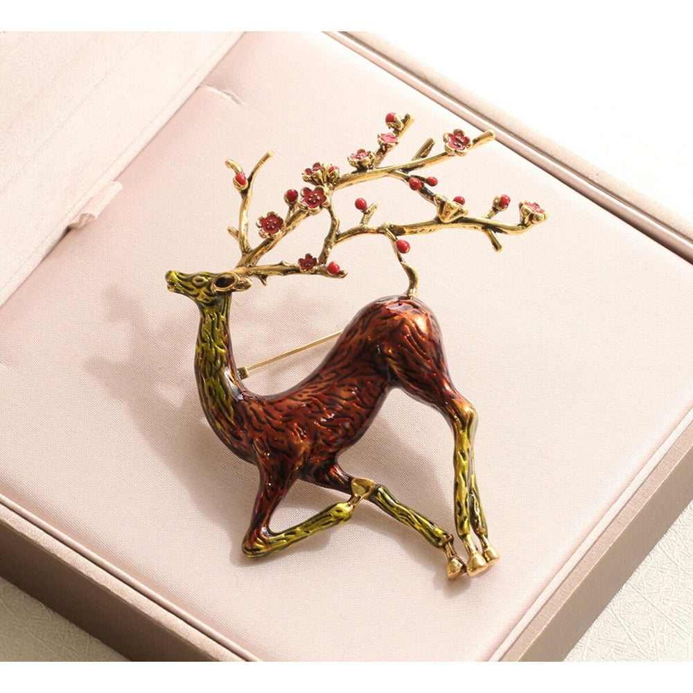 Deer & Red Floral Antlers Brooch