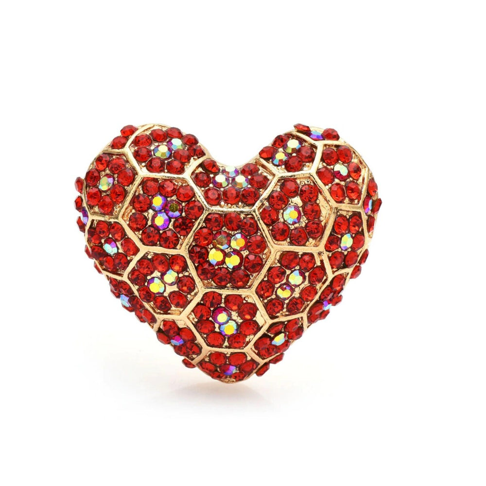 Goldtone And Red Crystal Heart Honey Comb Brooch