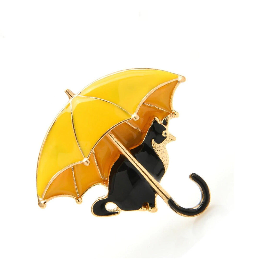 Goldtone And Yellow Umbrella Black Cat Brooch