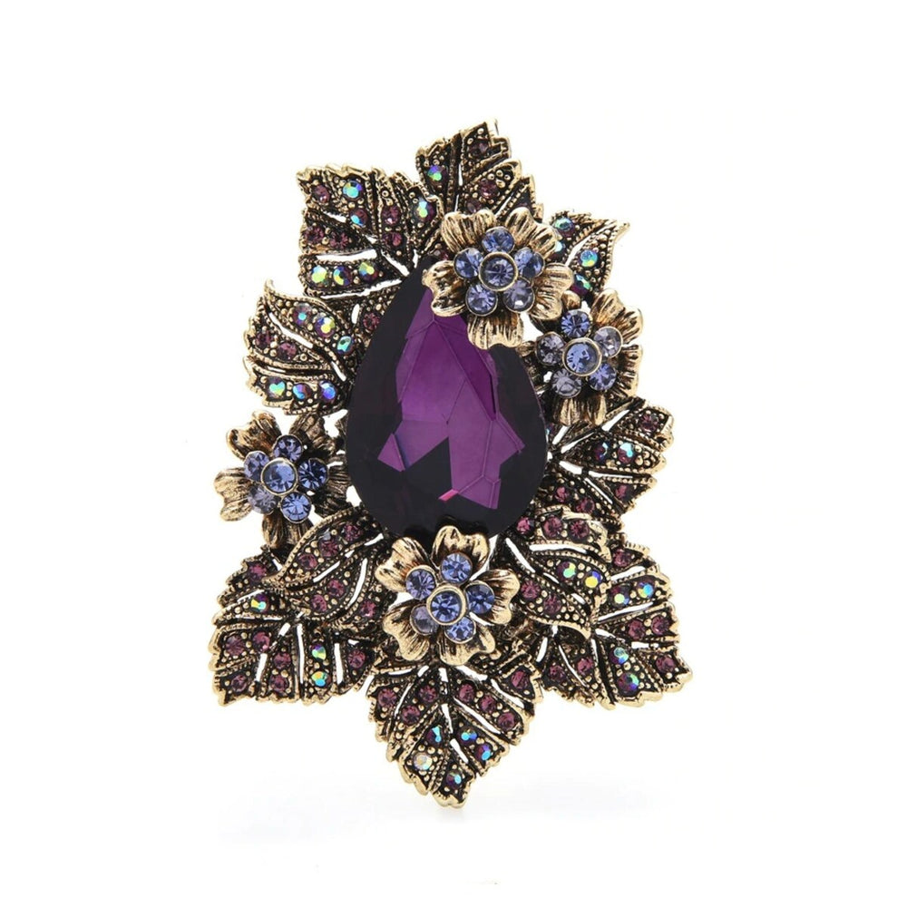 Goldtone & Purple Teardrop And Floral Brooch