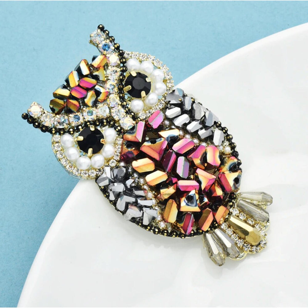 Multi Coloured Crystal Owl Brooch