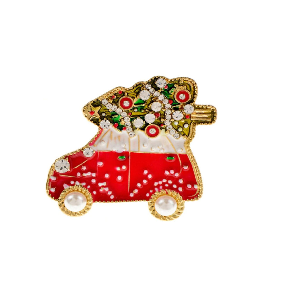 Red Car With Christmas Tree Brooch