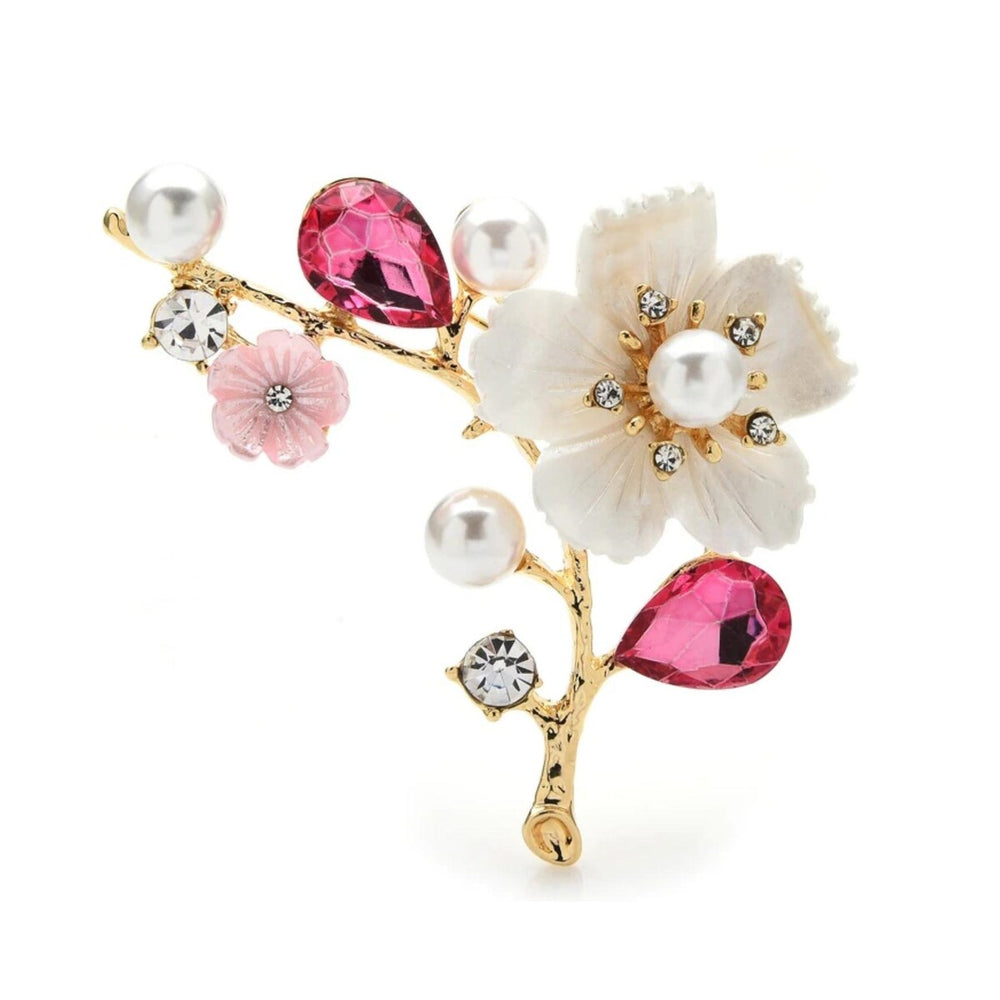 White Flower & Pink Crystal Floral Branch Brooch