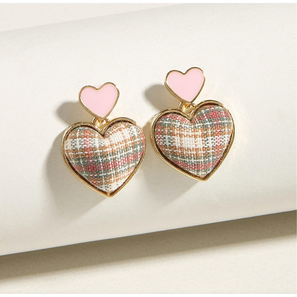 Dual Pink Plaid Heart Stud Earrings