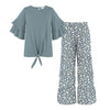 Dusty Blue Knot-Hem Top & Leopard Print Tiered Pants