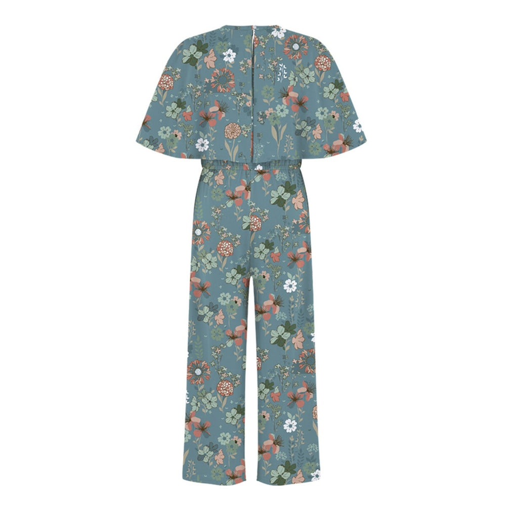 Dusty Blue & Dusty Pink Floral Print Bow-Belt Flutter-Sleeve Jumpsuit