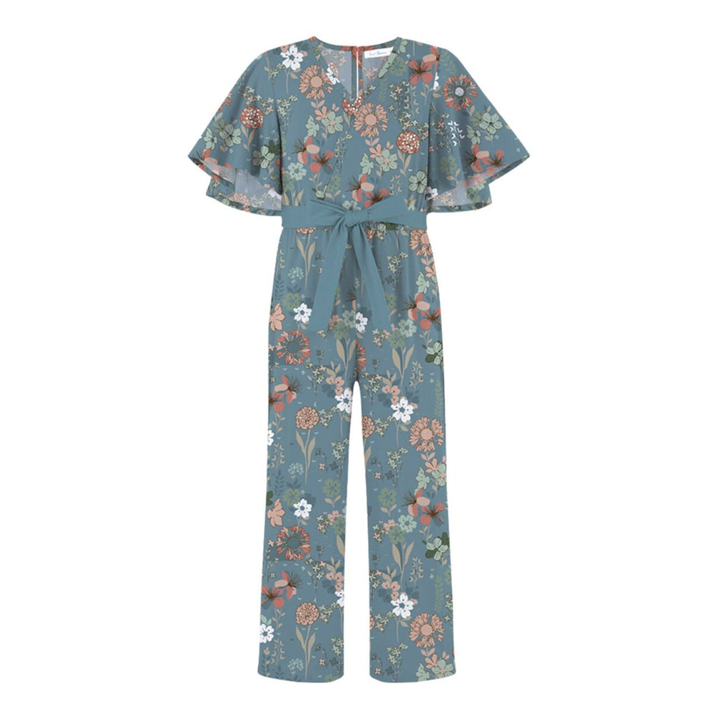 Dusty Blue & Dusty Pink Floral Print Bow-Belt Flutter-Sleeve Jumpsuit