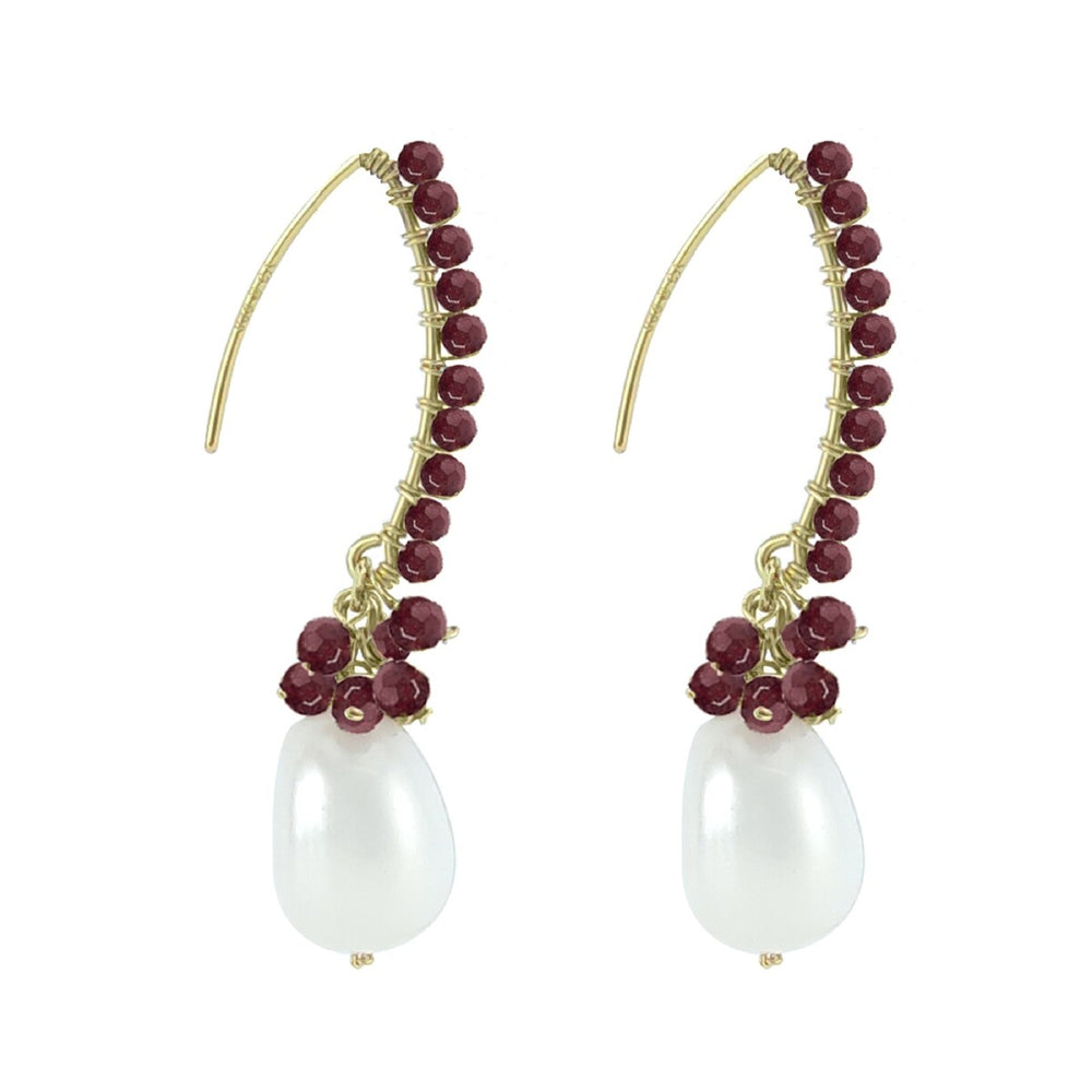 Elegant Dangle Earrings Freshwater Pearl and Garnet in Gold Over Sterling Silver