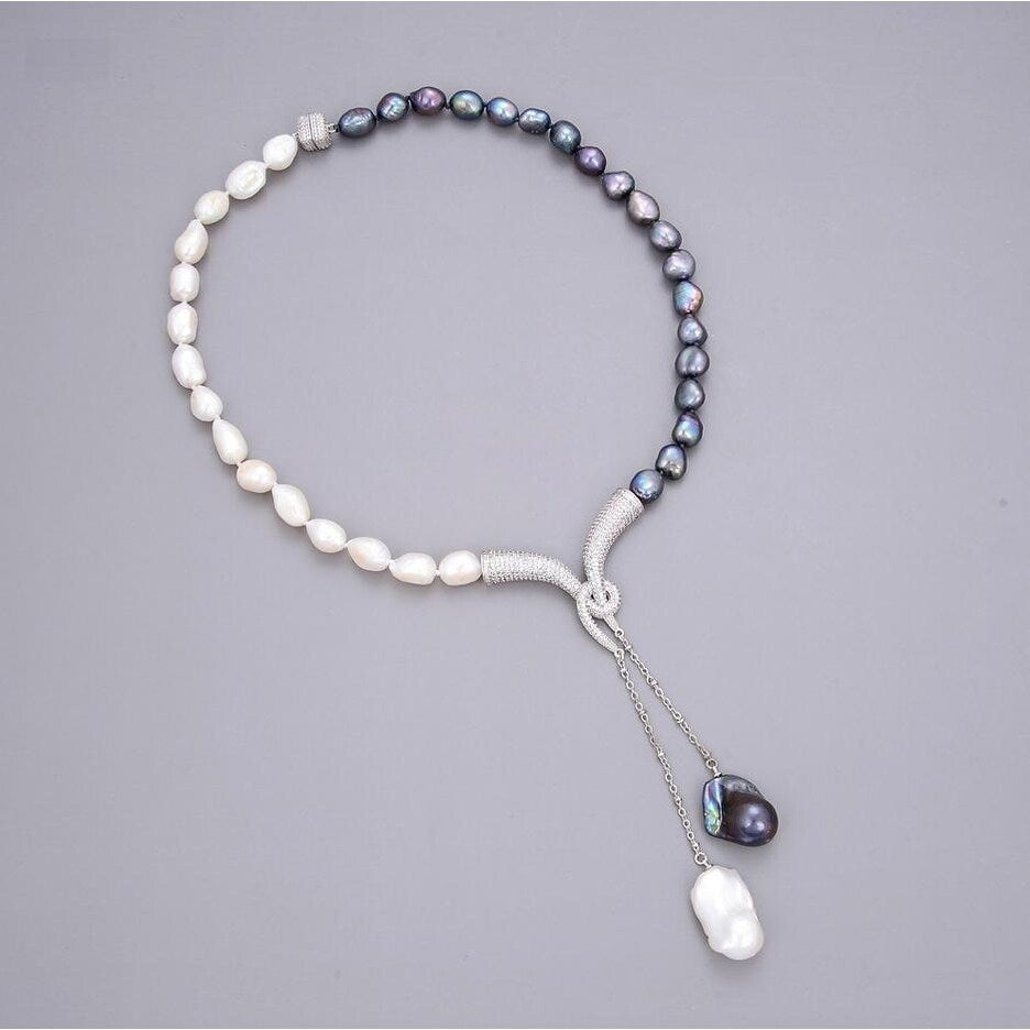 Elegant Freshwater Cultured Black Keshi Pearl Statement Necklace - White