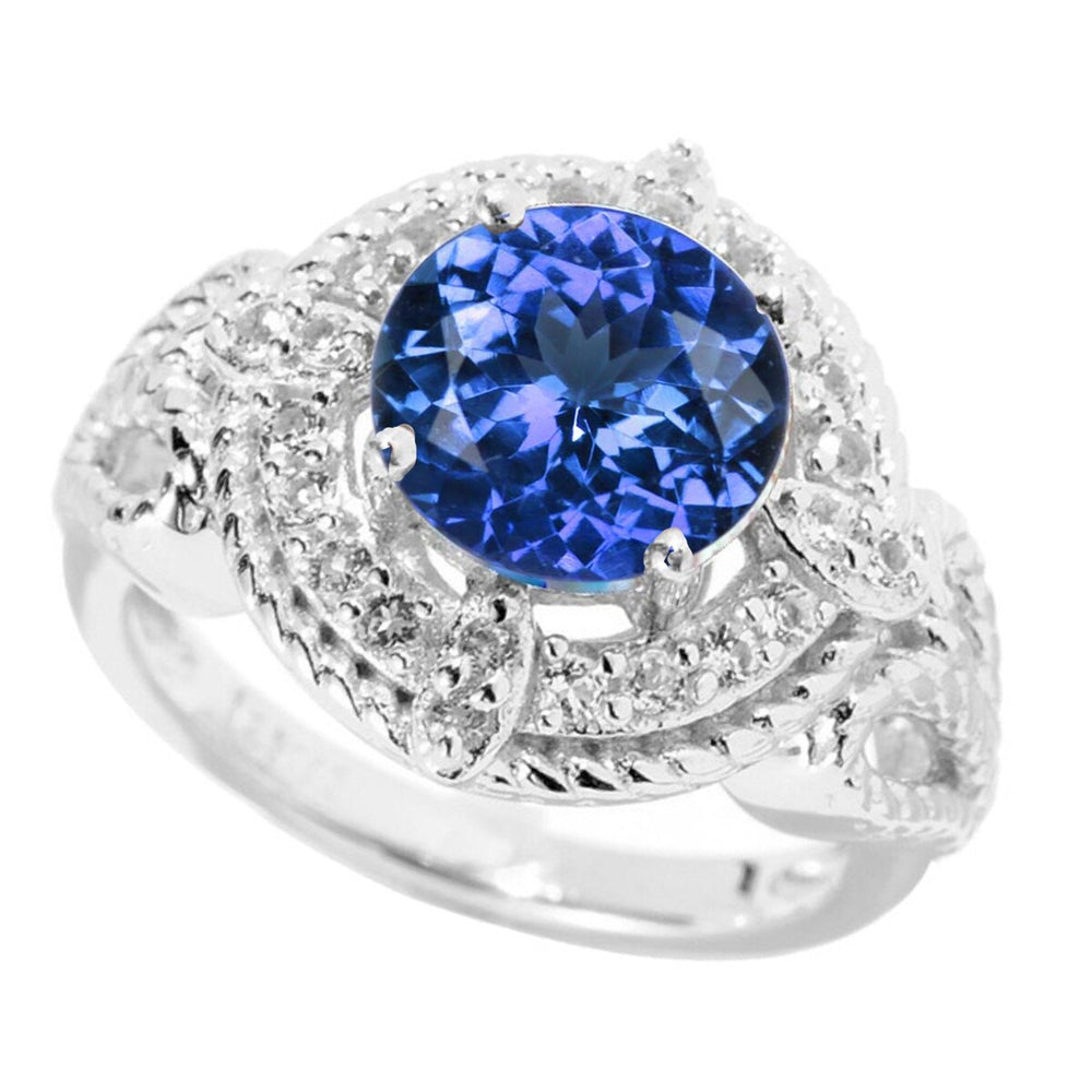 Elegant Halo Ring in Sterling Silver Natural Tanzanite and White Topaz 2.70Ct