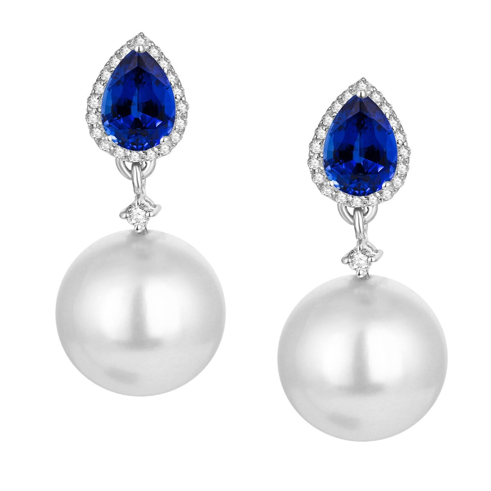 Elegant Shell Pearl, Blue Sapphire and White Topaz Drop Earrings in Sterling Silver