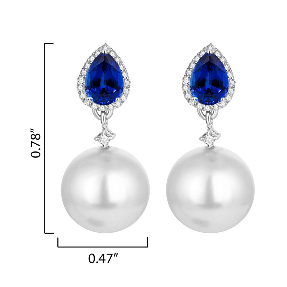 Elegant Shell Pearl, Blue Sapphire and White Topaz Drop Earrings in Sterling Silver