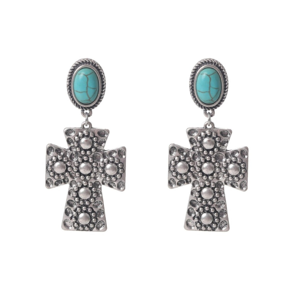 Embossed Silvertone Cross Turquoise Drop Earrings