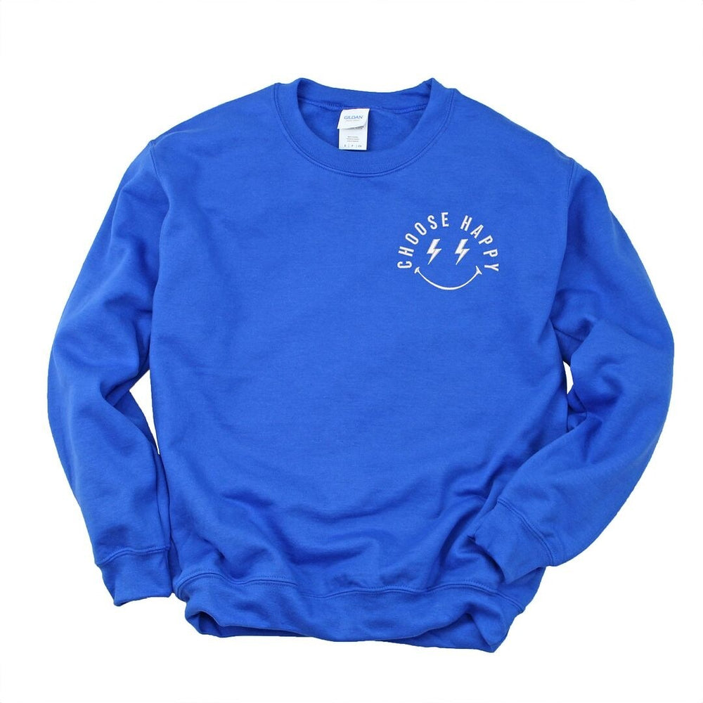 Embroidered Choose Happy Lightning Smiley Face Left Chest Graphic Sweatshirt