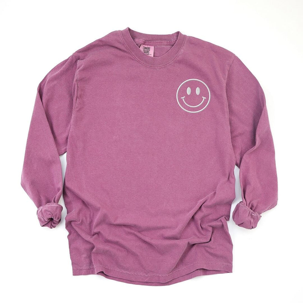 Embroidered Smiley Face Outline Left Chest Garment Dyed Long Sleeve