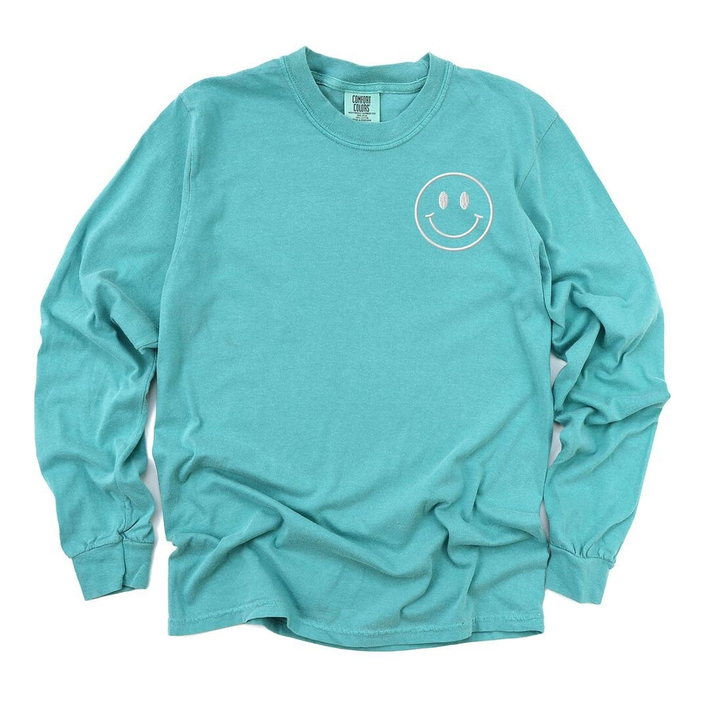 Embroidered Smiley Face Outline Left Chest Garment Dyed Long Sleeve