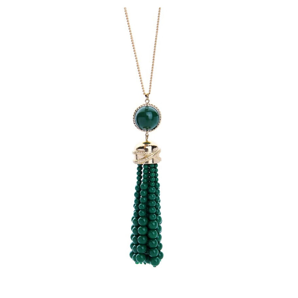 Emerald Beaded Tassel Necklace - White