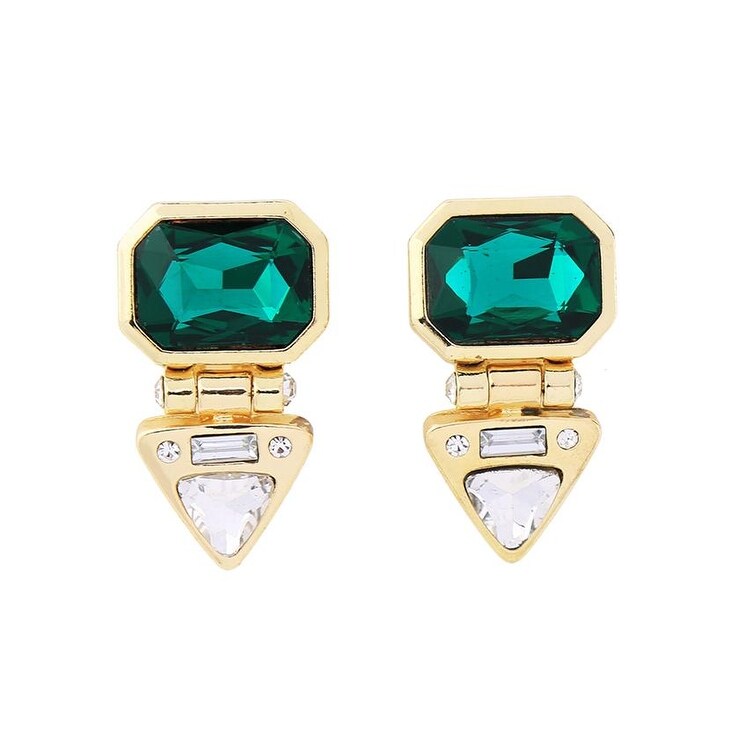 Emerald Green Goldtone Triangular Stud Earrings