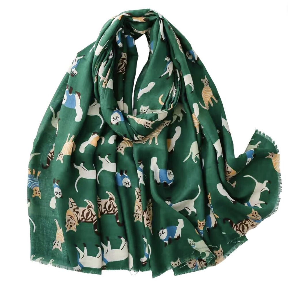 Emerald Green Summer Scarf with Happy Cats