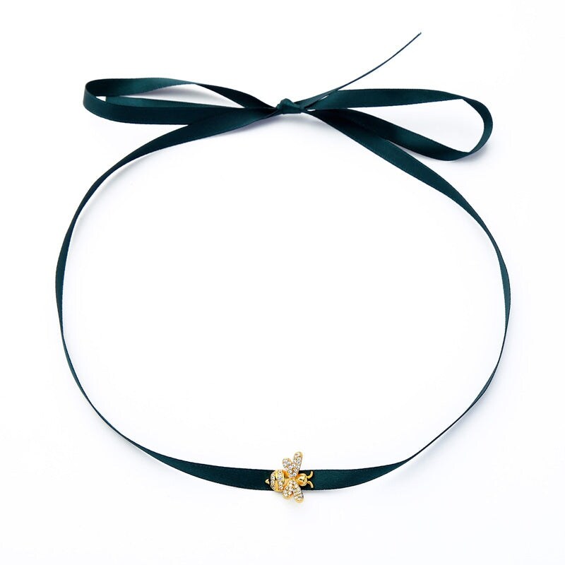 Emerald Green Velvet Bee Choker Necklace - White