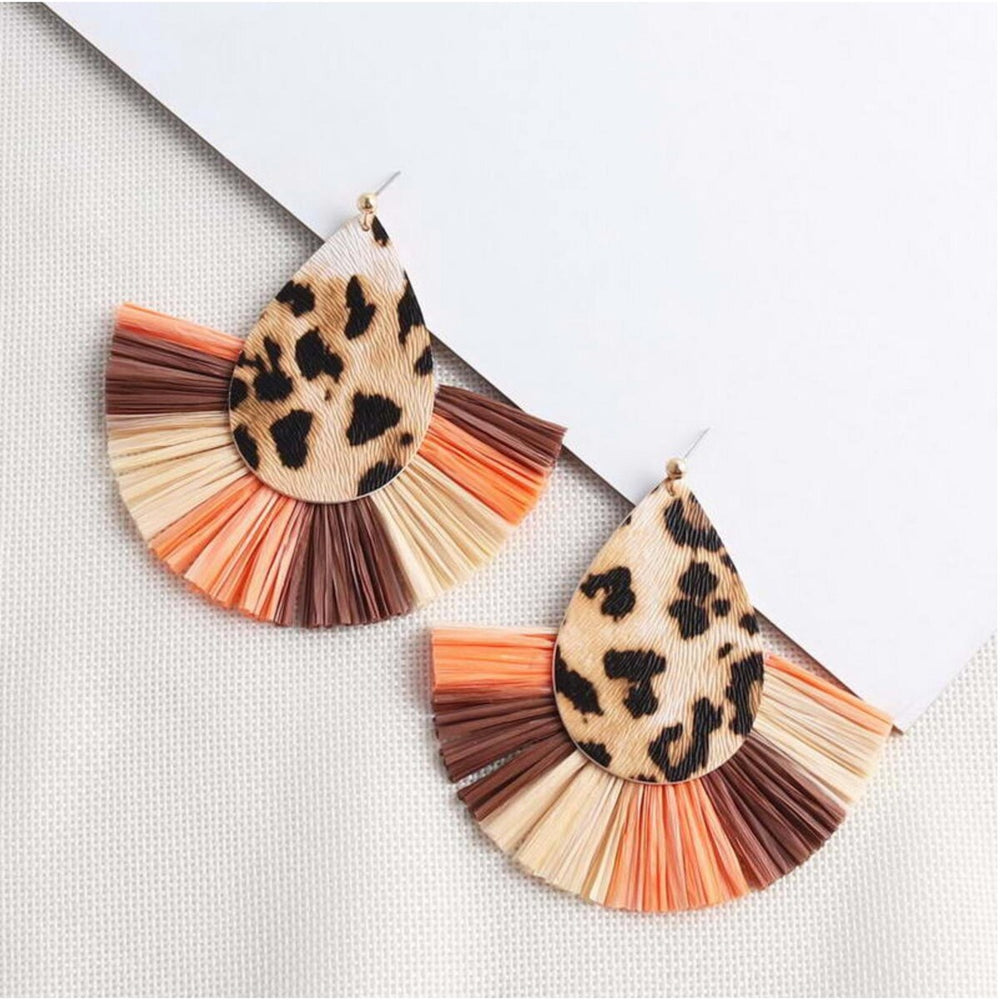 Fall Colored Tasseled Cheetah Teardrop Earrings