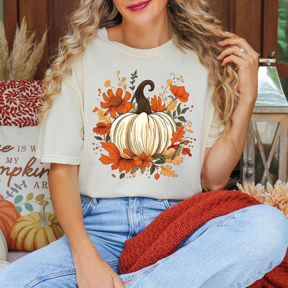 Fall Pumpkin Floral Garment Dyed Tee