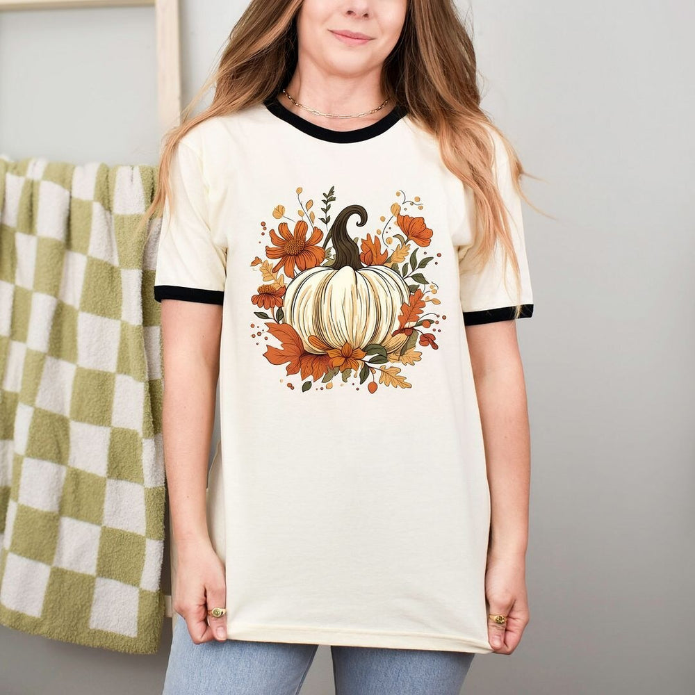 Fall Pumpkin Floral Ringer Tee