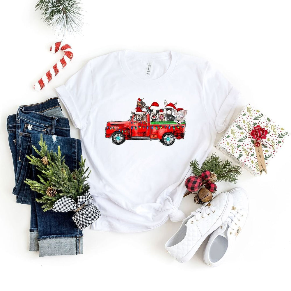 Farm Animals Christmas Truck Short Sleeve Crewnneck Tee