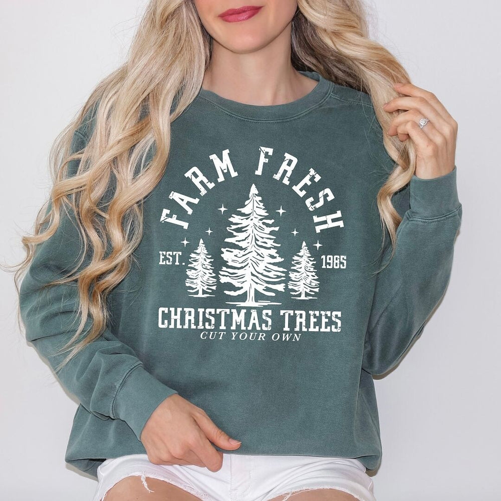 Farm Fresh Christmas Tree Stars Garment Dyed Sweatshirt