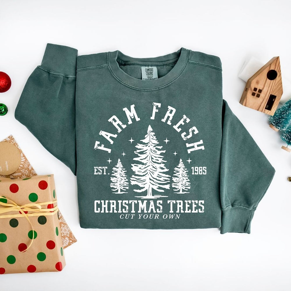 Farm Fresh Christmas Tree Stars Garment Dyed Sweatshirt